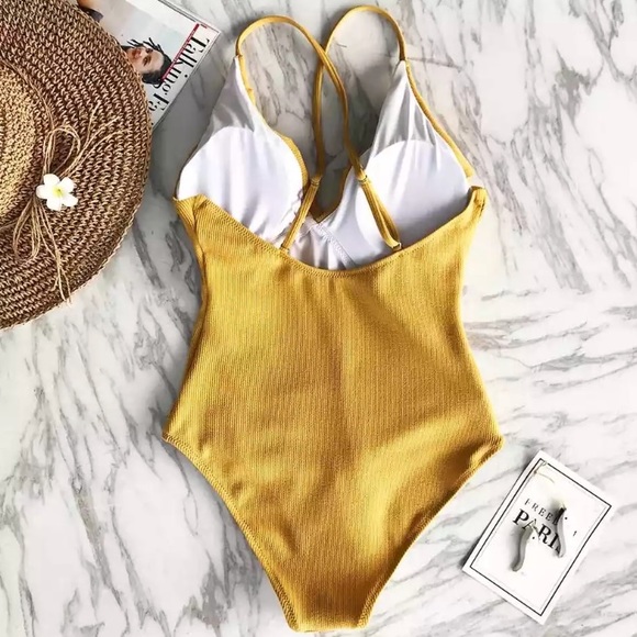 CLEARANCE Yellow Ruffle Ribbed One Piece Swimsuit - Picture 4 of 5